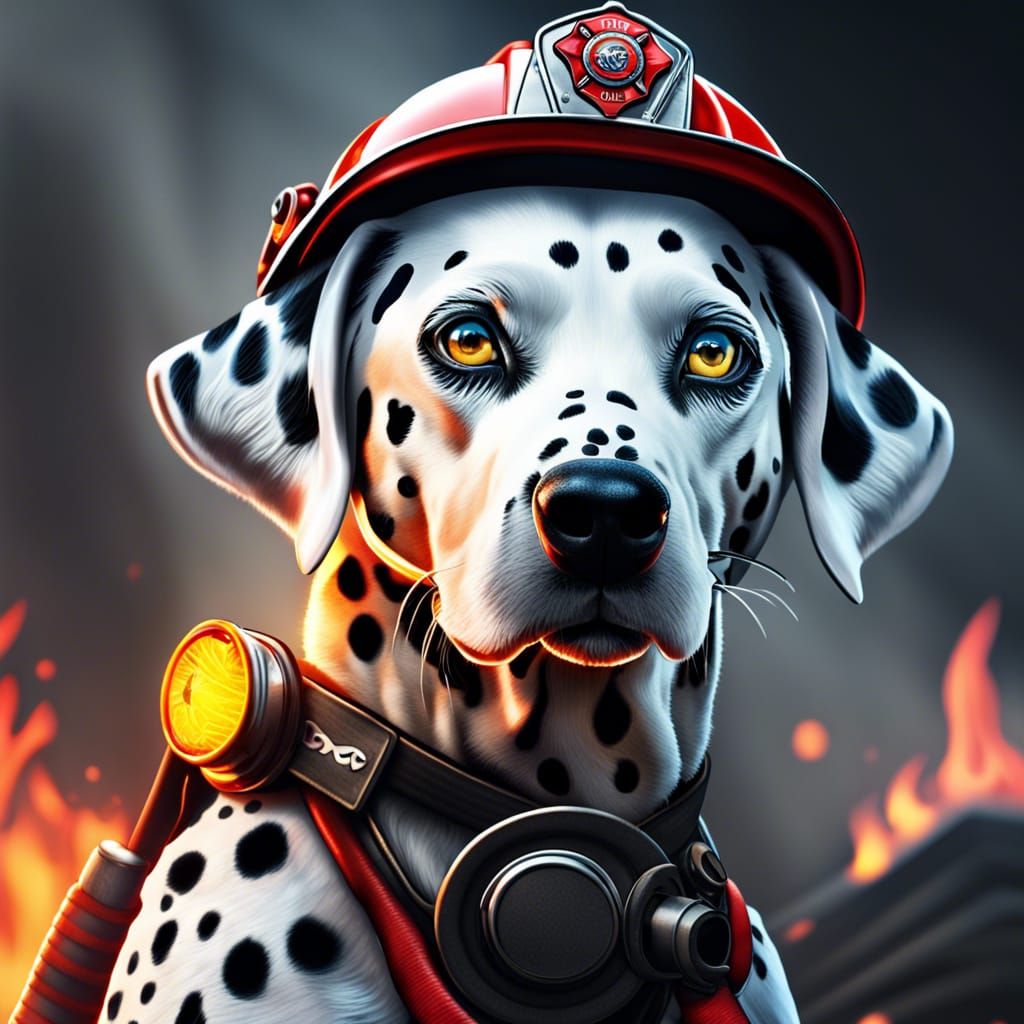 Dalmatian Firefighter Portrait in Hyperrealistic CGI Style