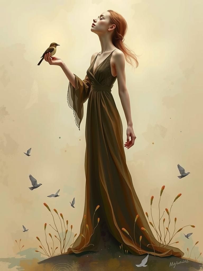 Dreamlike Woman with Bird in Earthy Tones