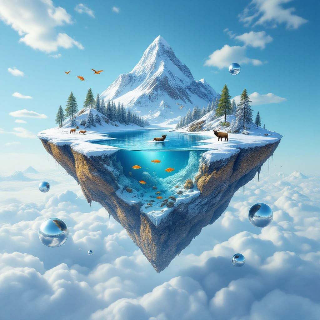 Inverted Island Floating Above Frozen Landscape