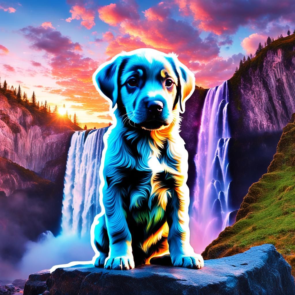 Double Exposure Puppy and Sunset Waterfall