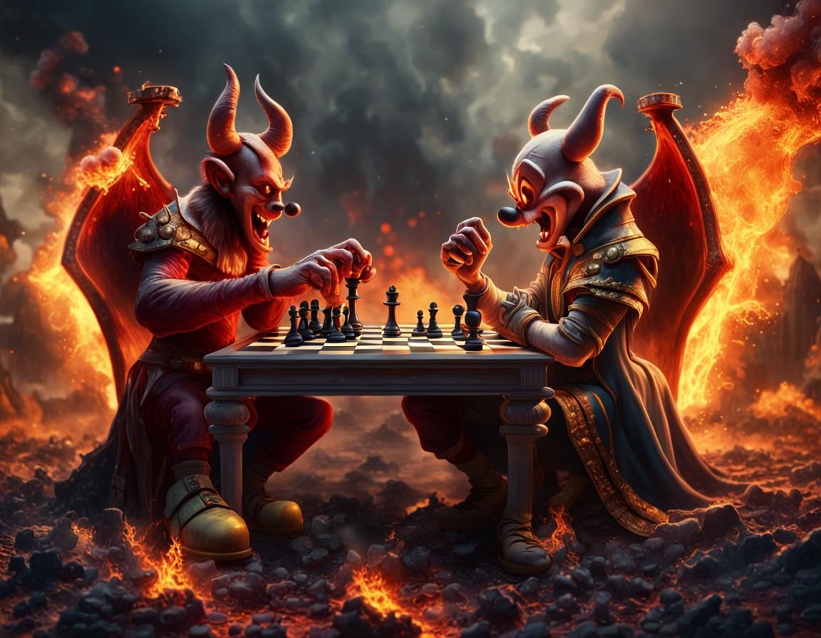 Mickey Mouse and Devil Chess Match in Hell