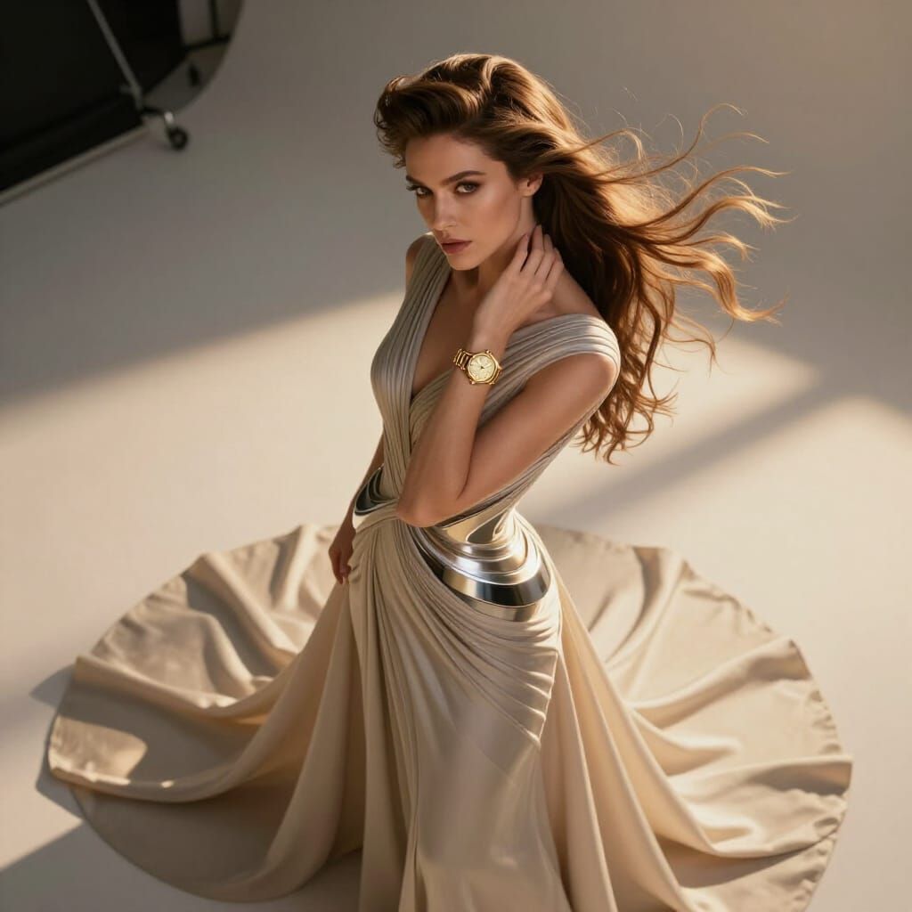 Elegant Model in Futuristic Gown Studio Portrait
