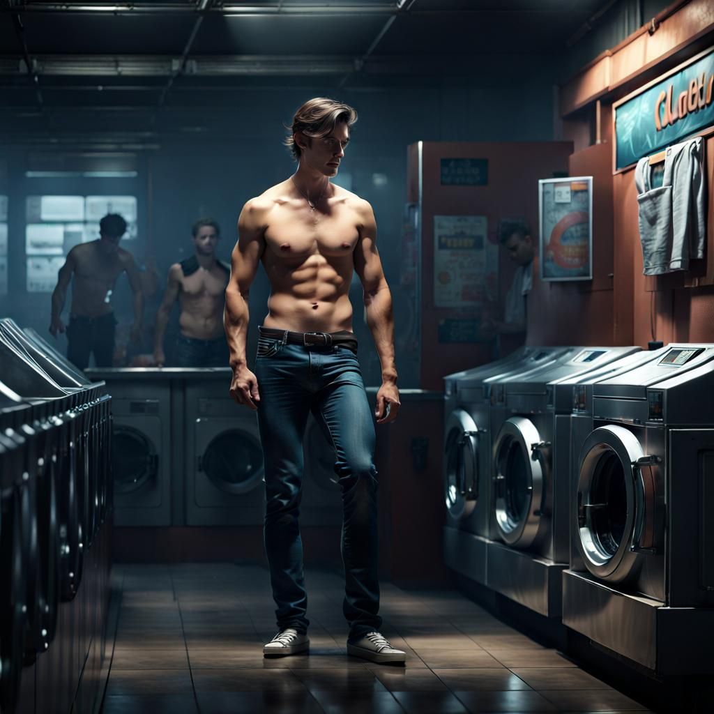 Noir Laundromat Scene with Sweaty Man