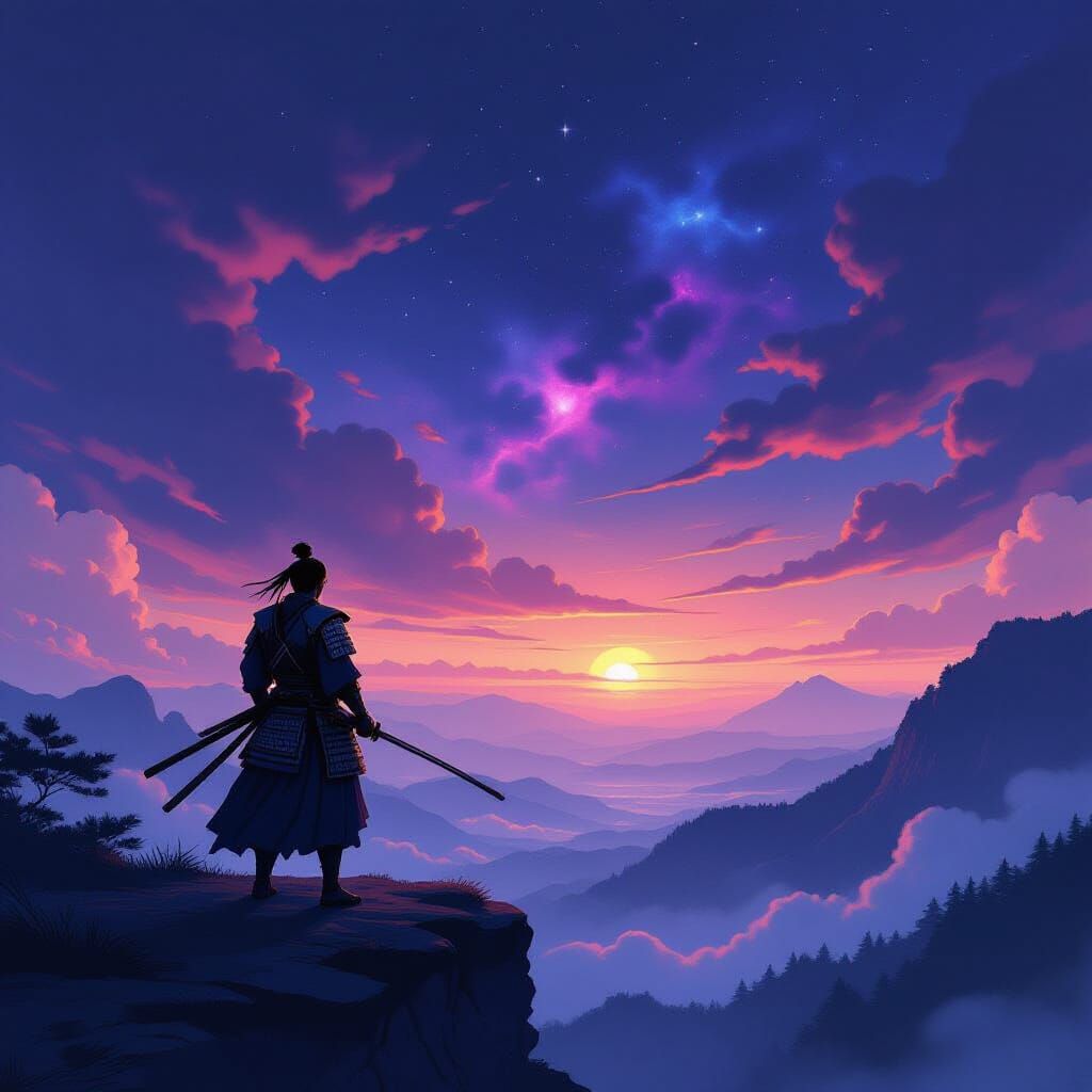 Samurai on Cliff in Hokusai-Inspired Style