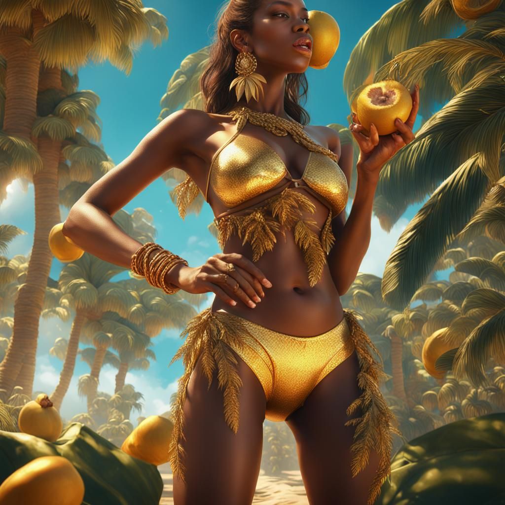 Golden Bikini Model Under Palm Tree: Fantasy Art