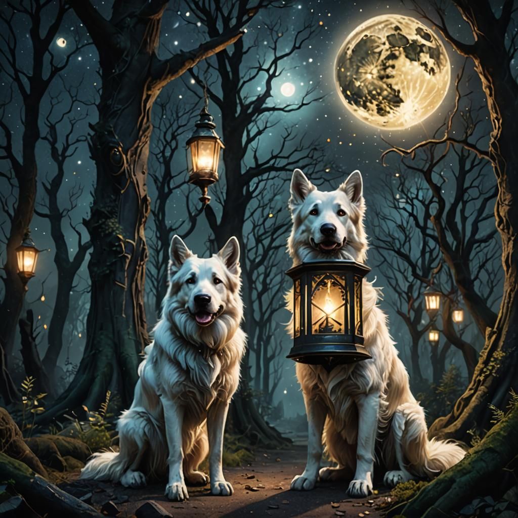 Woman and Dog on Dark Path with Lantern