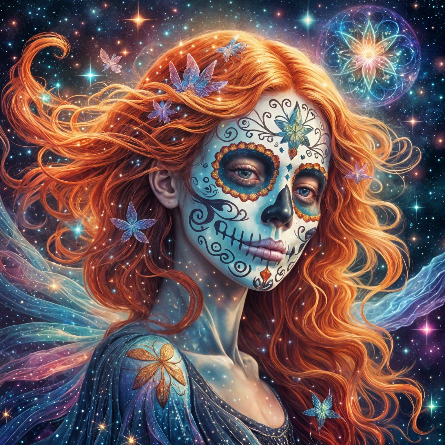 Cosmic Sugar Skull Faery in Holographic Illustration