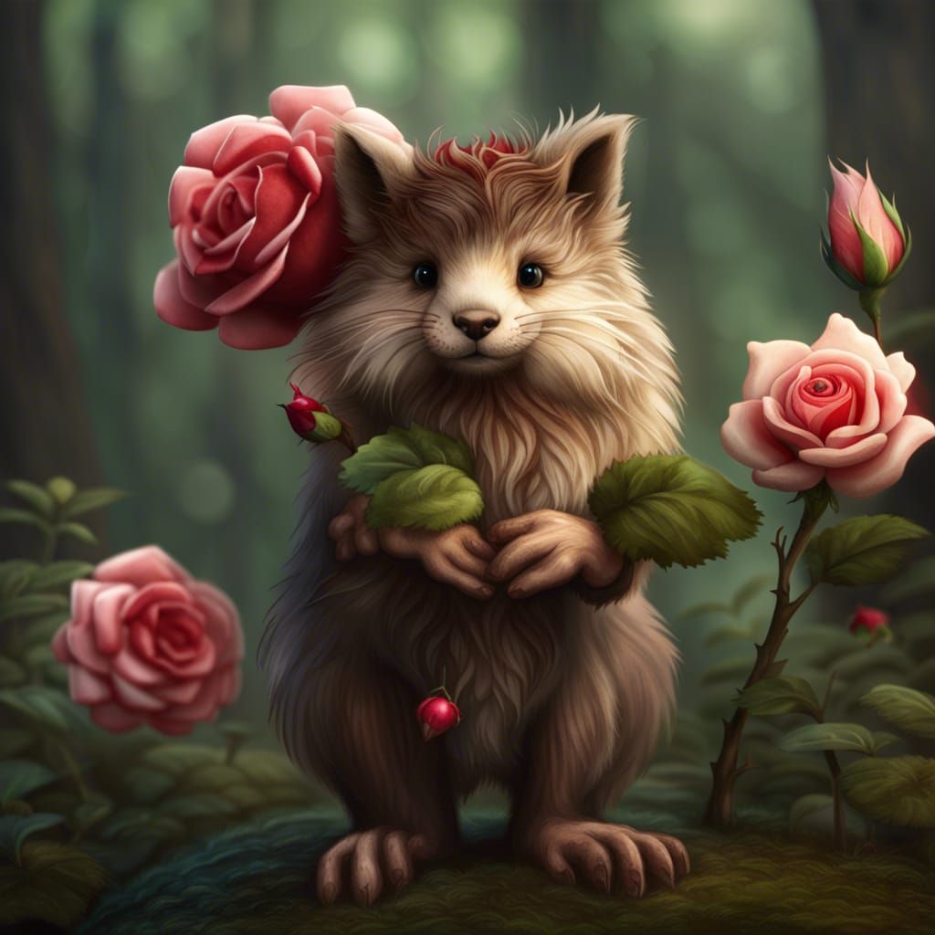 Charming Furry Forest Creature with Rose
