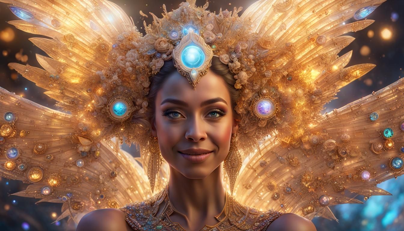 Cosmic Woman Portrait with Golden Crystals