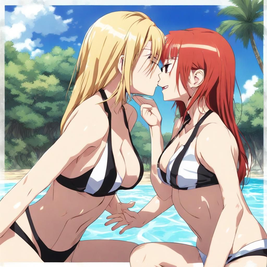Anime-Style Women Kissing in Bikinis
