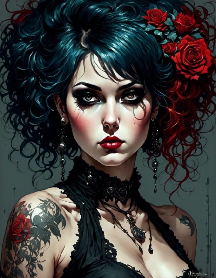 Gothic Figure with Tattoos in Pen and Watercolor Style