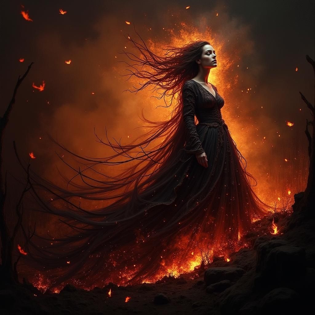 Serene Woman in Flames: Gothic Surrealism