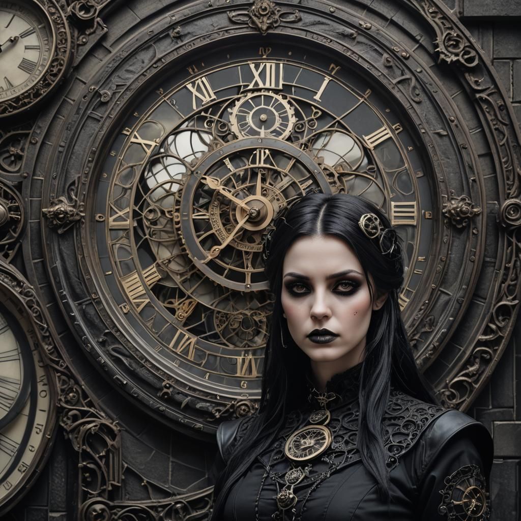 Gothic Time Keeper Girl in Hyperrealistic Style