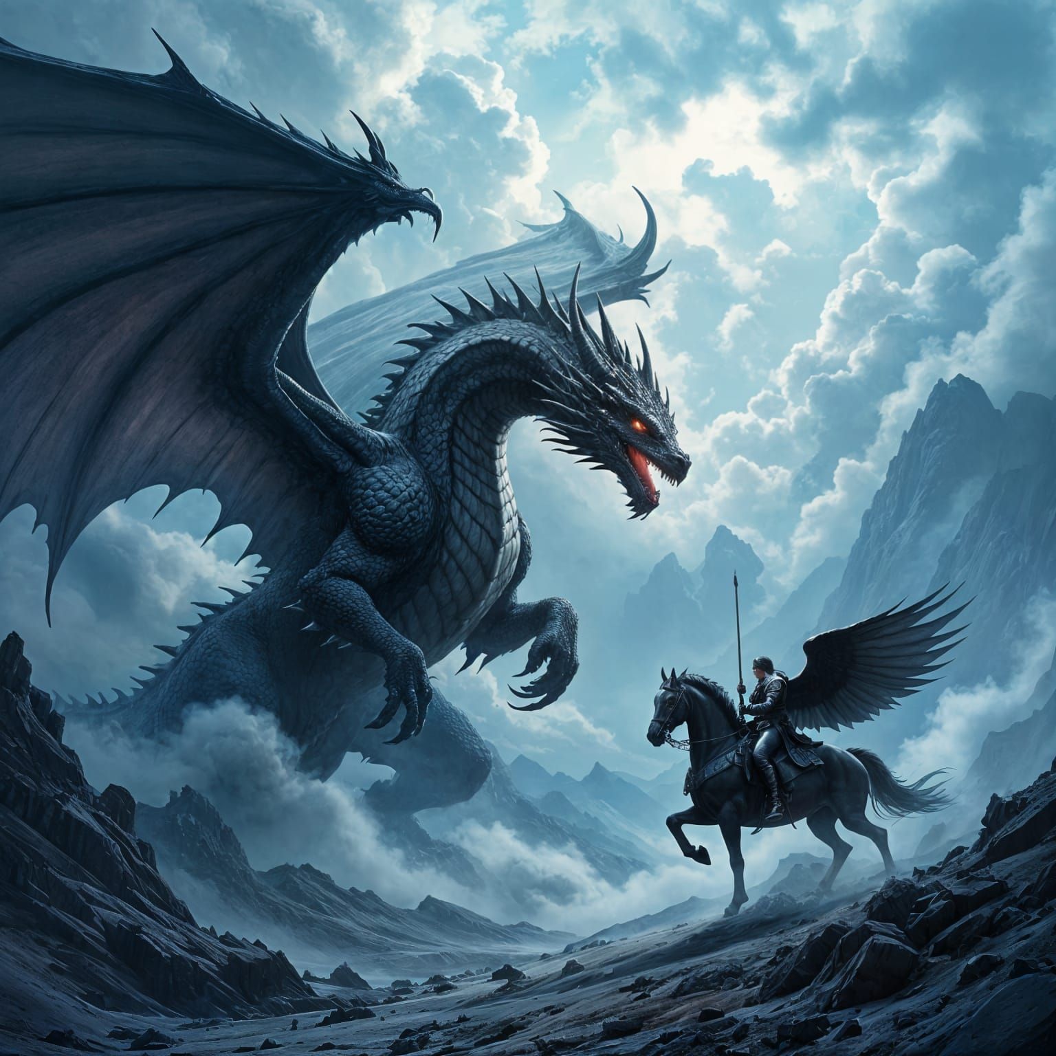 Dragon vs Knight Epic Battle in Stormy Sky