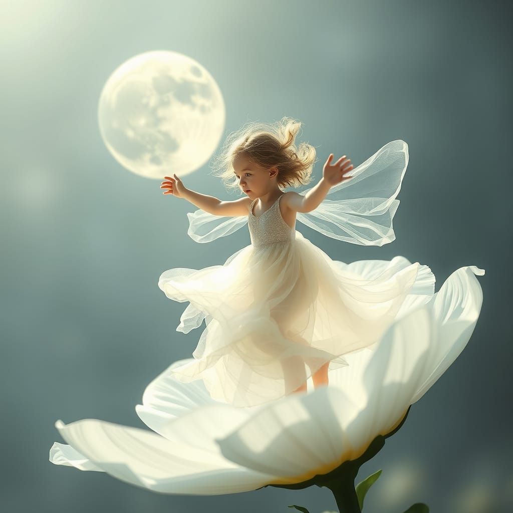Ethereal Princess Emerge from Blooming Moonflower in Celesti...