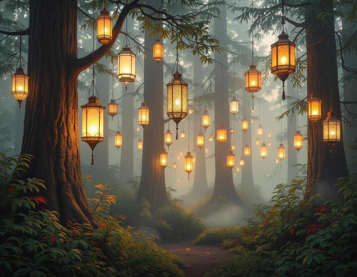 Mystical Forest Illuminated by Enchanting Lanterns