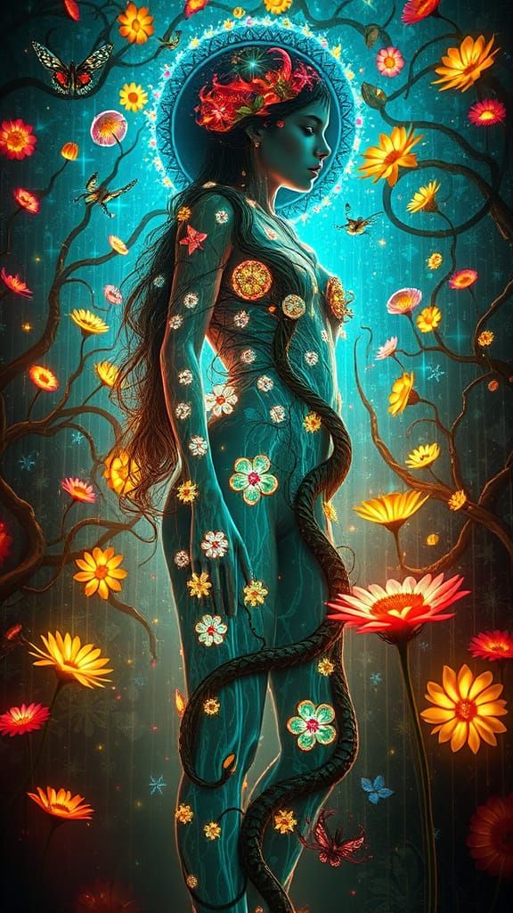 Surrealist Goddess Amidst Whimsical Fantasy Realm