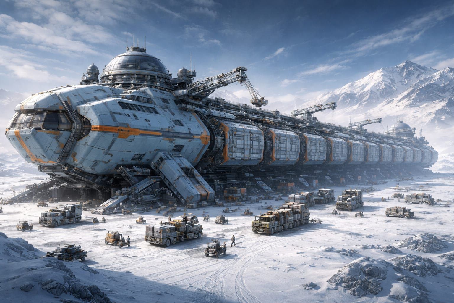 Gigantic Cargo Spaceship on Frozen Planet in Sci-Fi Art Styl...