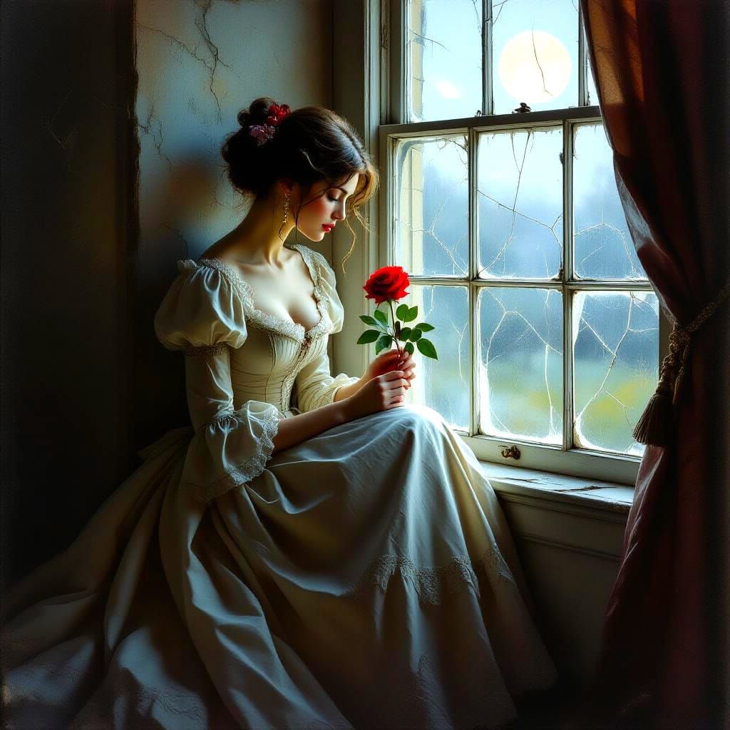 Melancholic Regency Woman Holds Rose in Moonlit Room
