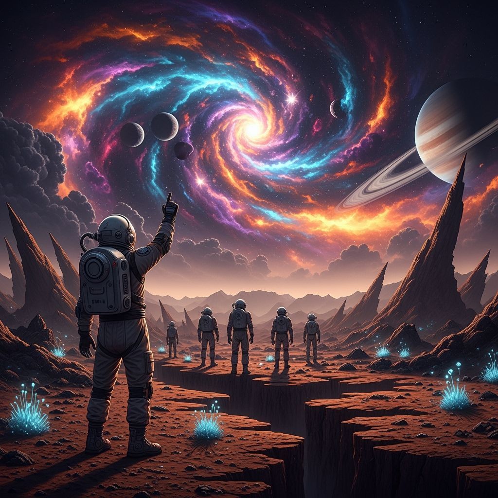 Astronauts Explore Alien Planet with Nebula Sky