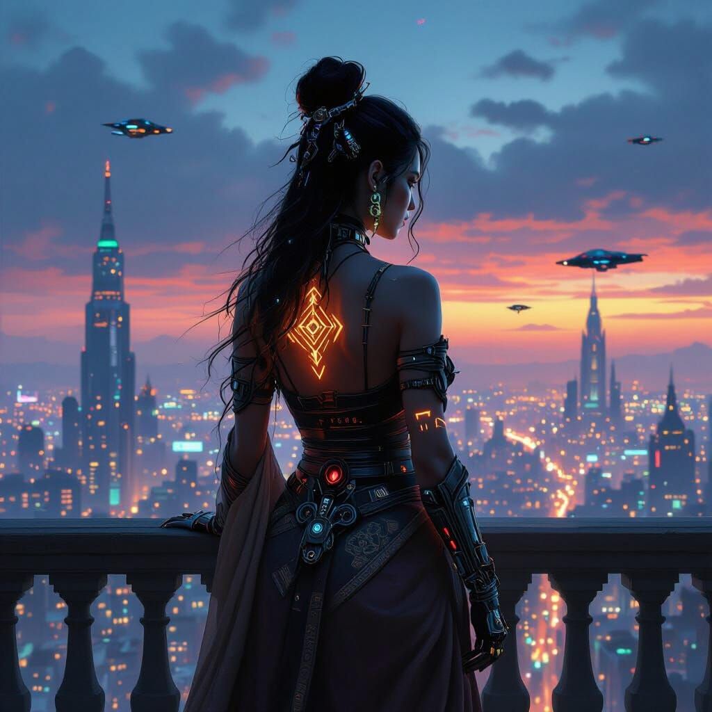 Sorceress with Glowing Runes Overlooking Futuristic City
