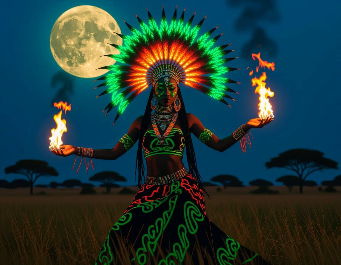 African Witch Dances Under Moonbeam in Psychedelic Style