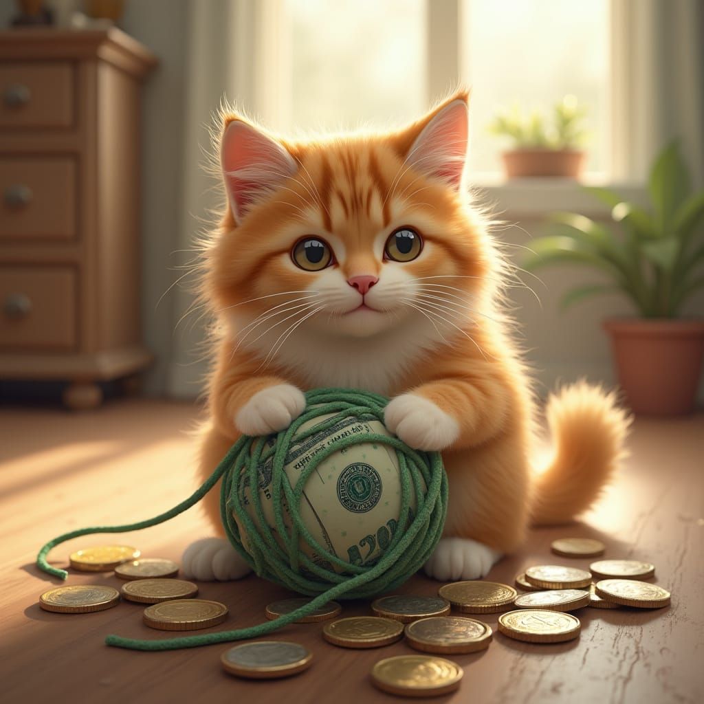 Cute Cat Plays with Dollar Bill Yarn in Cozy Room