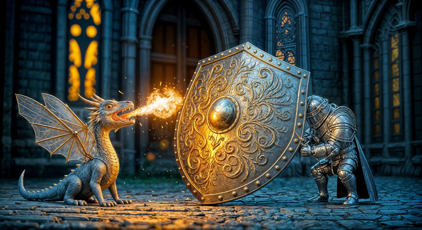 Miniature Knight Hides Behind Enchanted Shield from Dragon