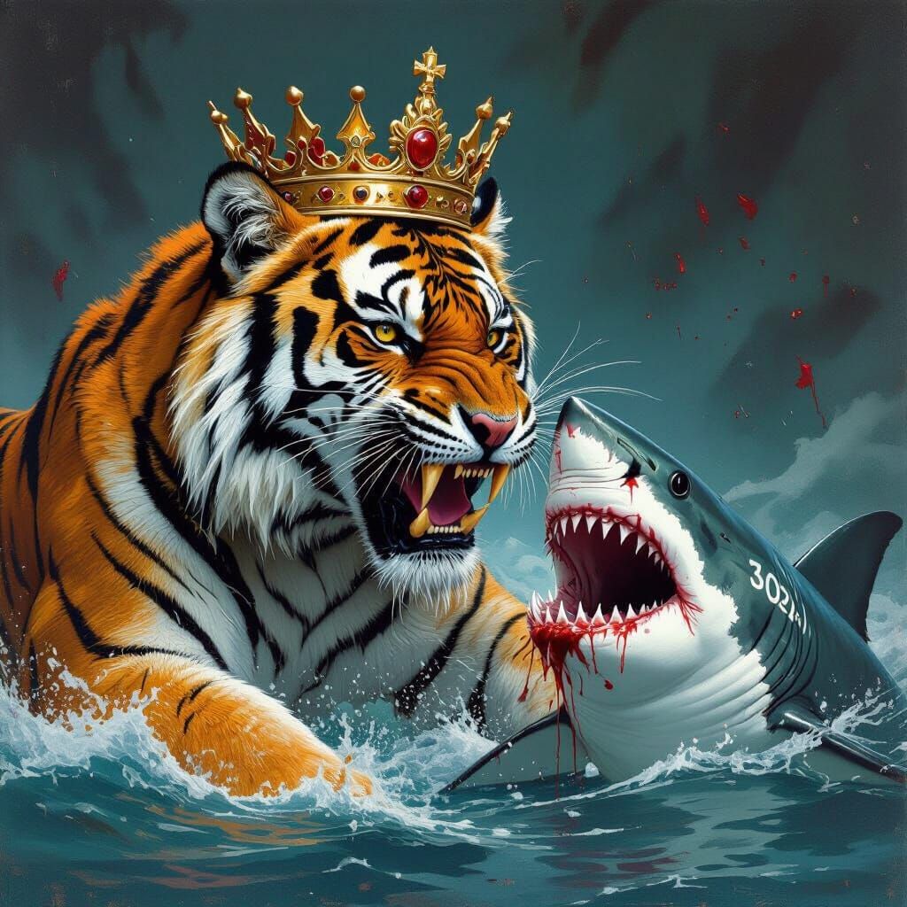 Tiger Attacks Shark: Dark Fantasy Illustration