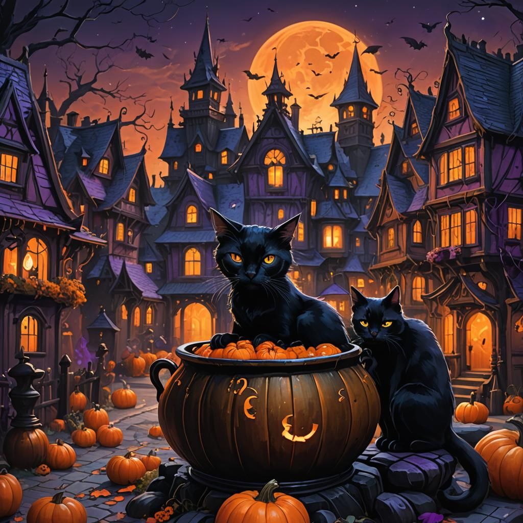 Black Cat Halloween: Dark Fantasy Cauldron Scene