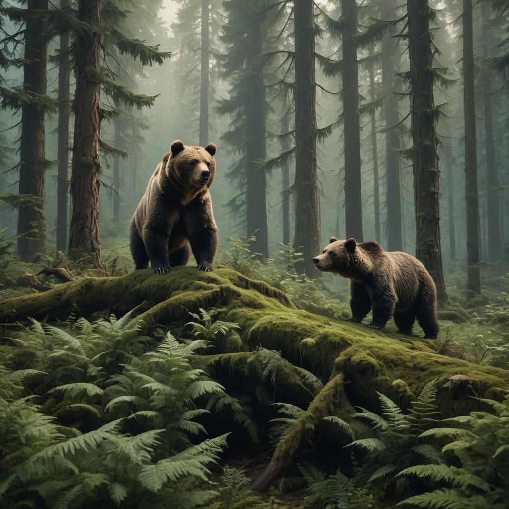 Grizzly Bear in Green Forest: Digital Matte Painting