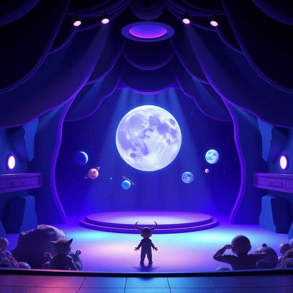Mystical Cosmic Theater in Soft Blue and Purple Hues
