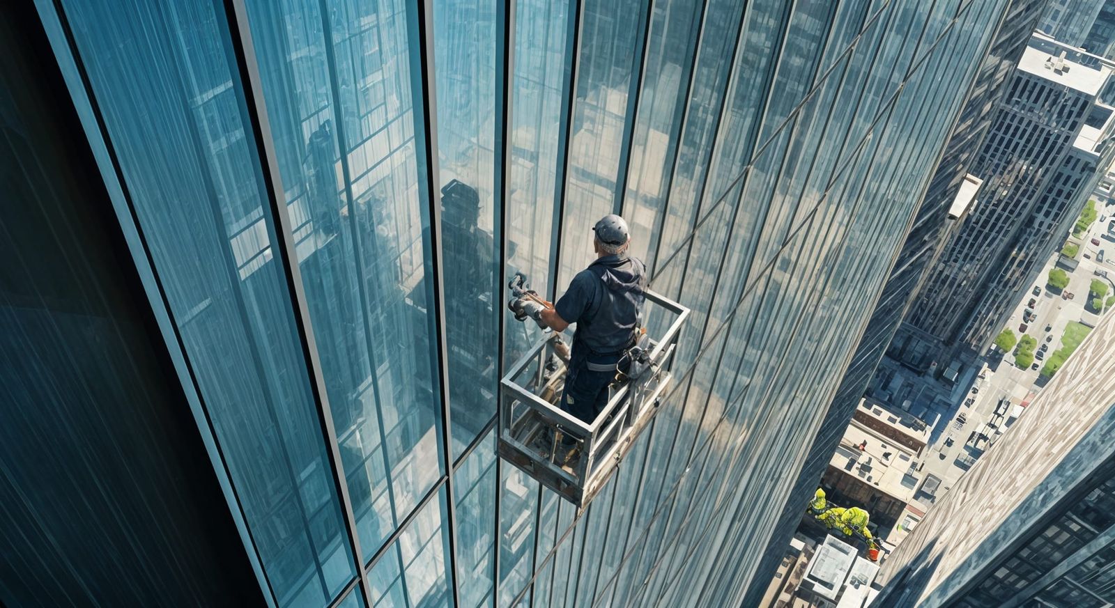 Urban Window Washer in Watercolor Realism