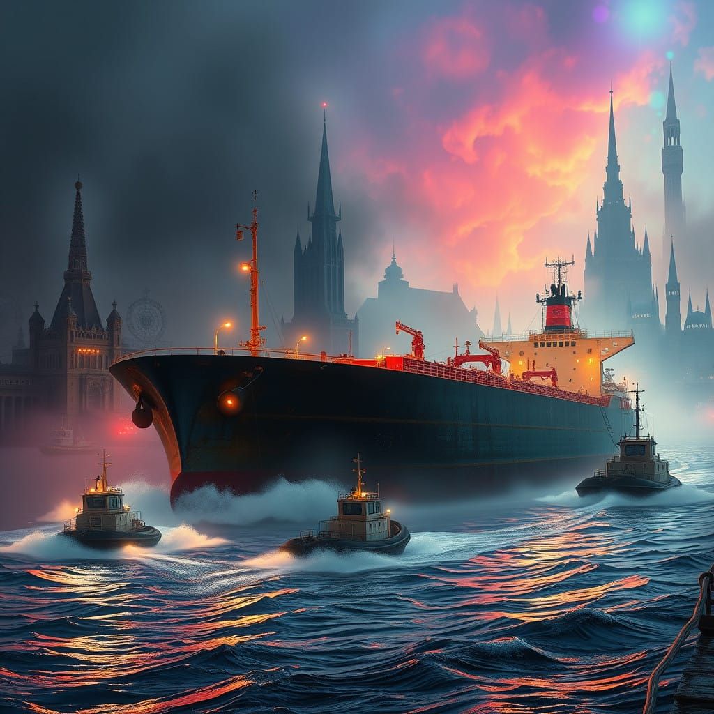Epic Oil Tanker Rescue in Vibrant, Dreamlike Harbor Scene