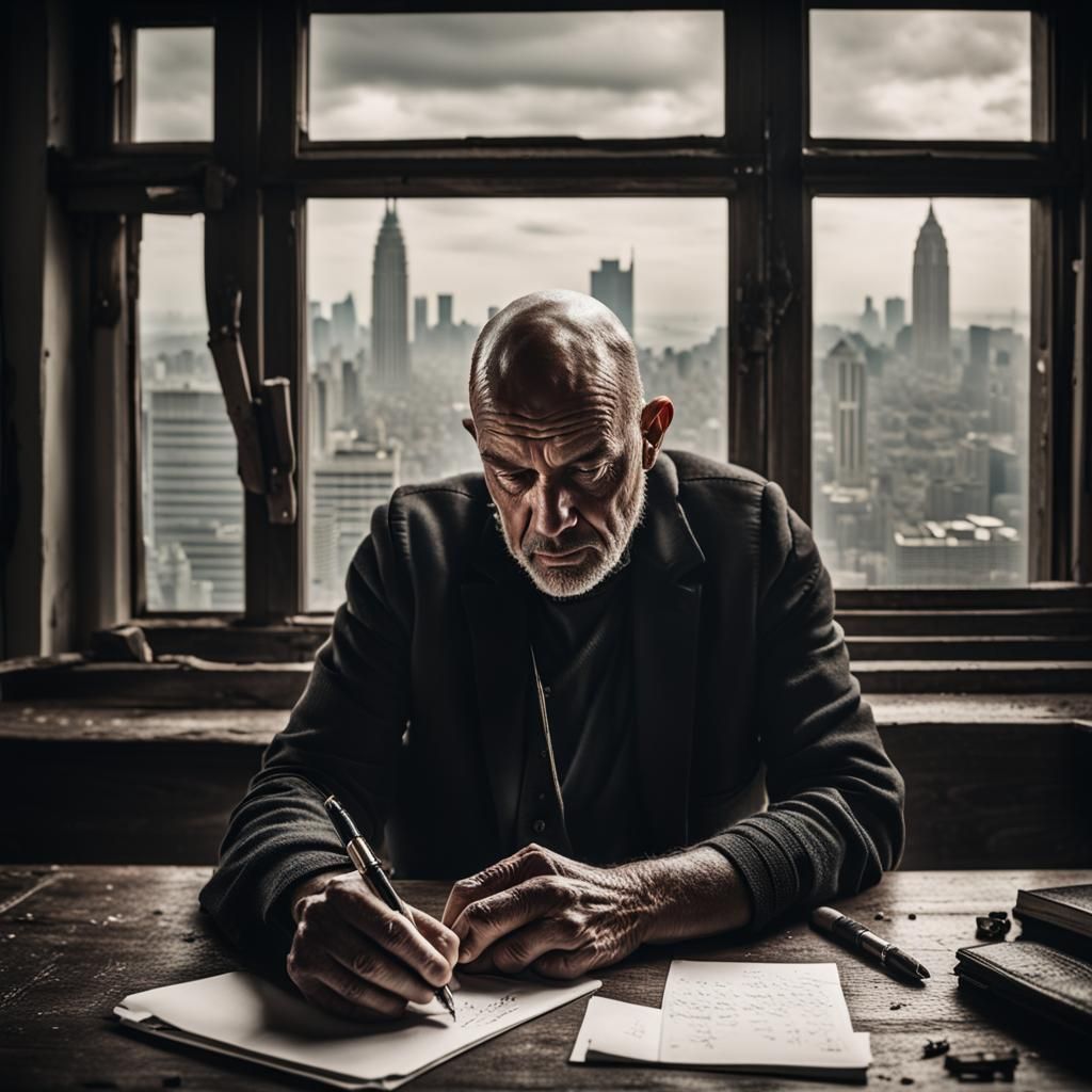 Bald Man Writes with Fountain Pen: Photographic Portrait