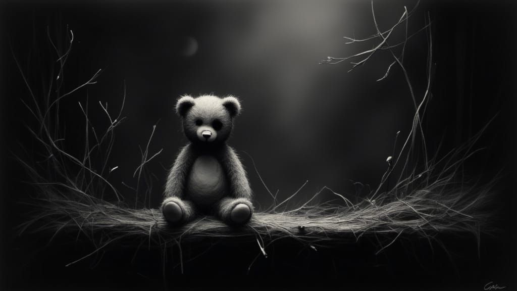 Sinister Teddy Bear in Dusty Attic, Hyperrealistic Style