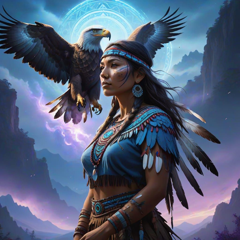 Native American Woman with Eagle and Spirit in Mystical Glow