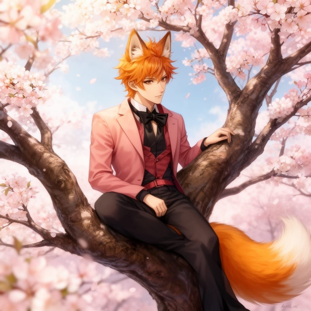 A gorgeous male kitsune sitting in a cherry blossom tree, be...
