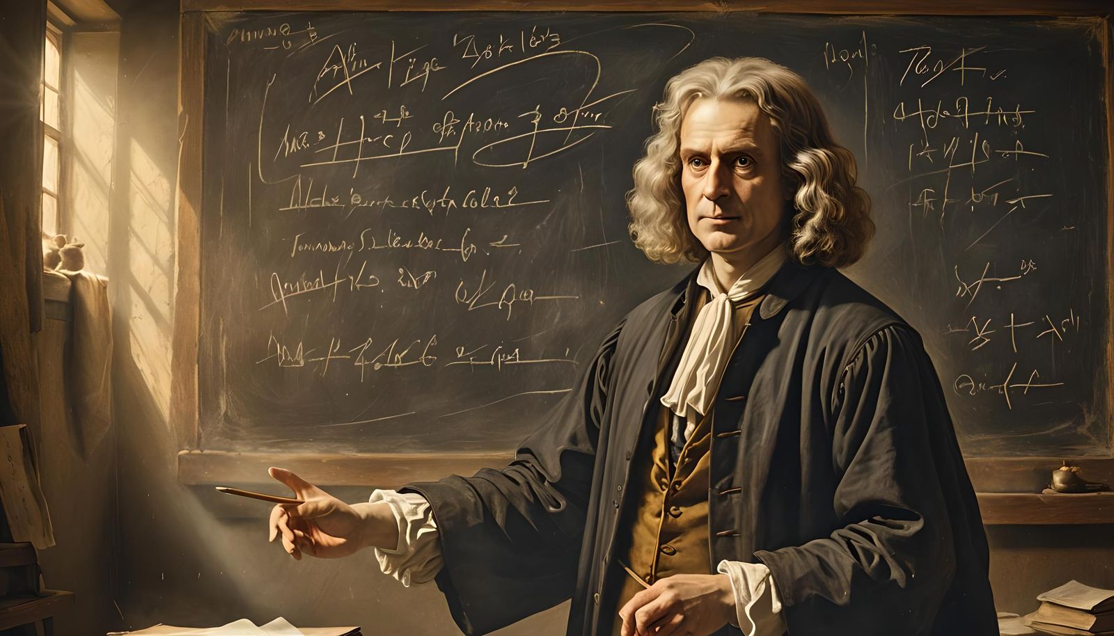 Isaac Newton Teaching Laws of Motion in Classroom