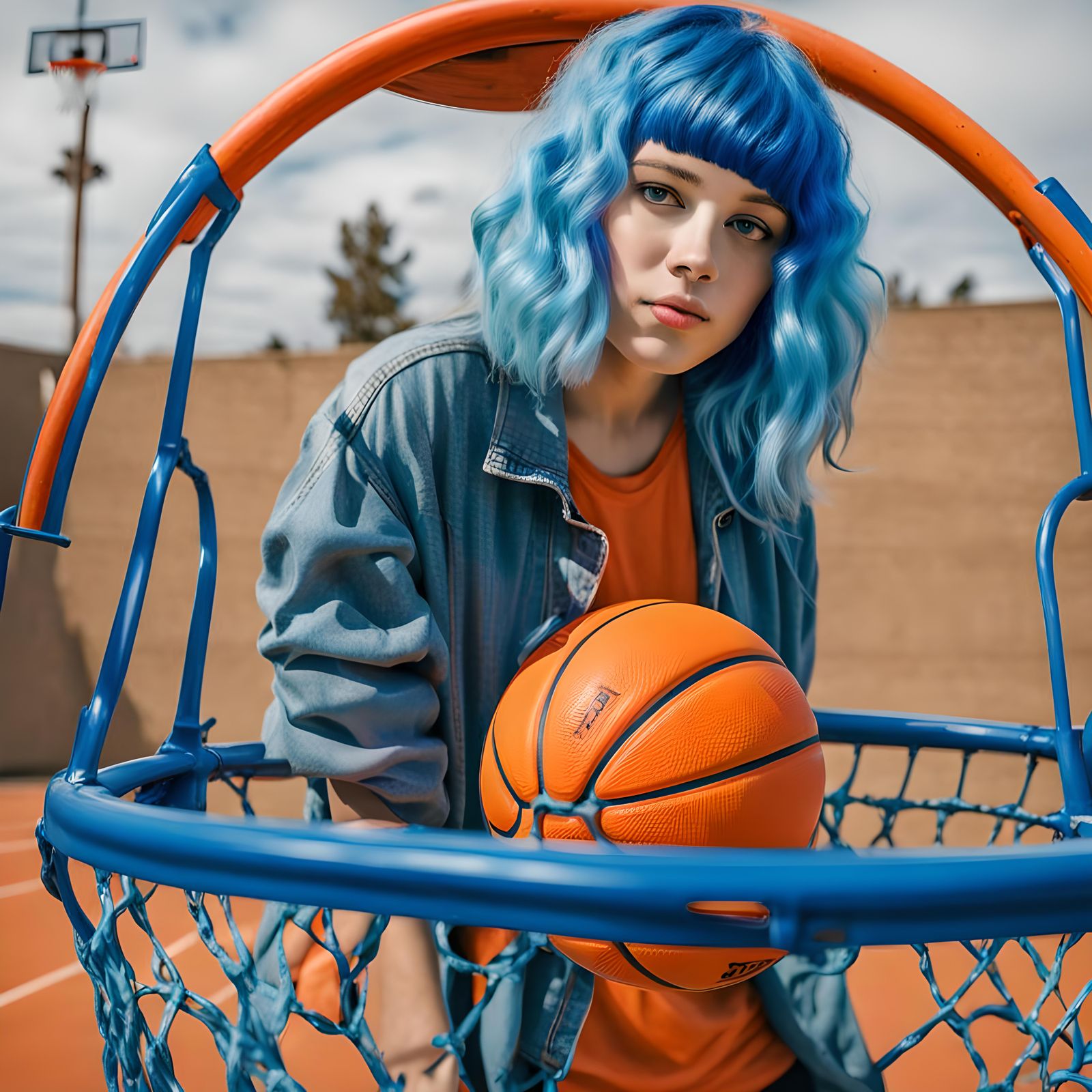 Blue-Haired Girl Dunks Basketball into Blue Hoop
