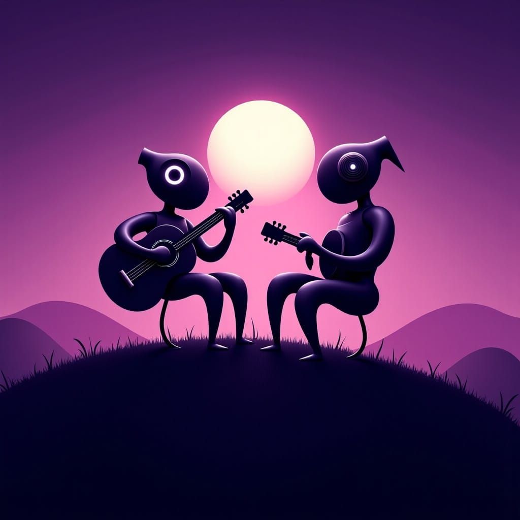 Robots Play Guitars at Sunset in Minimalist Style