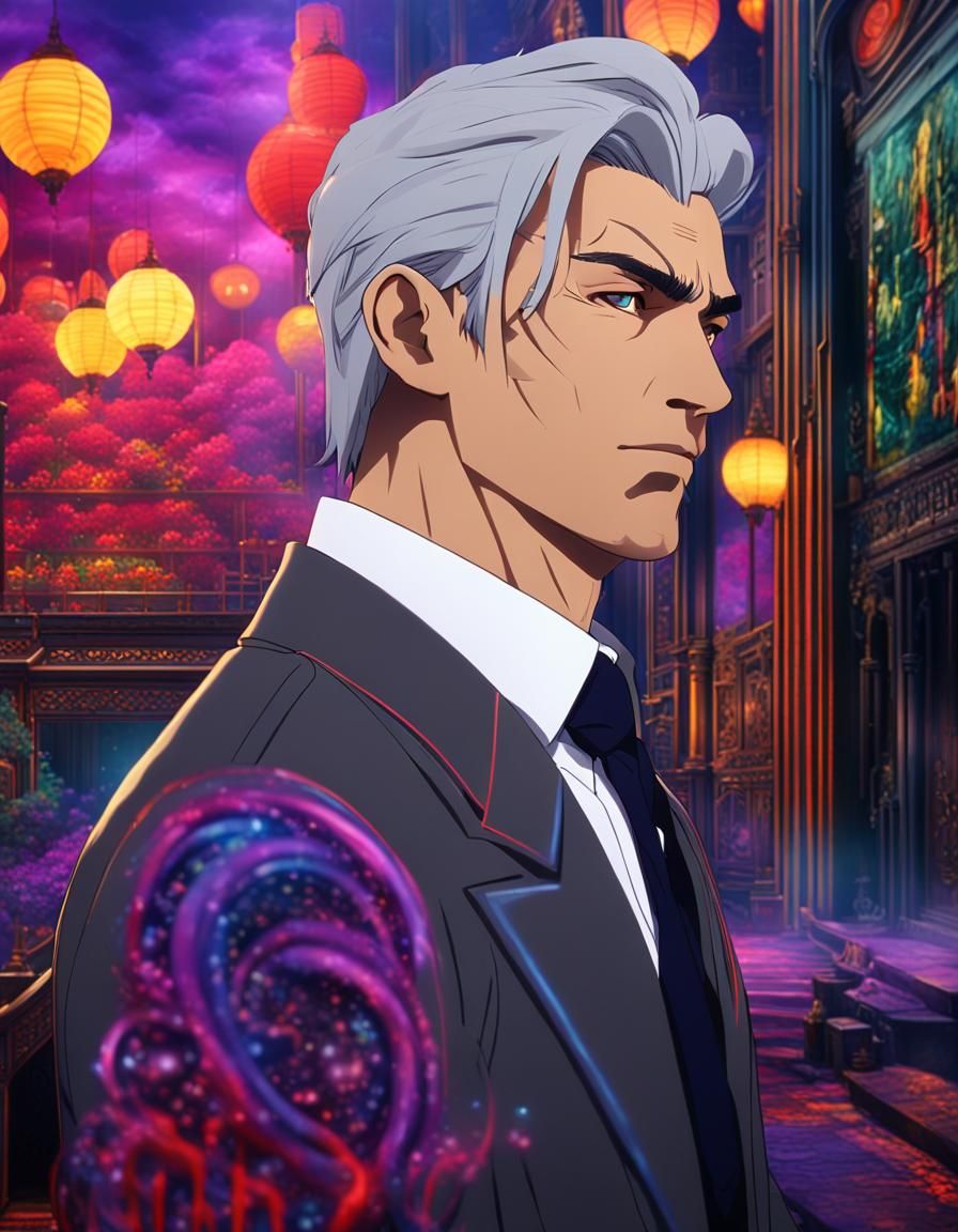 Japanese Man in Office with Silver Hair