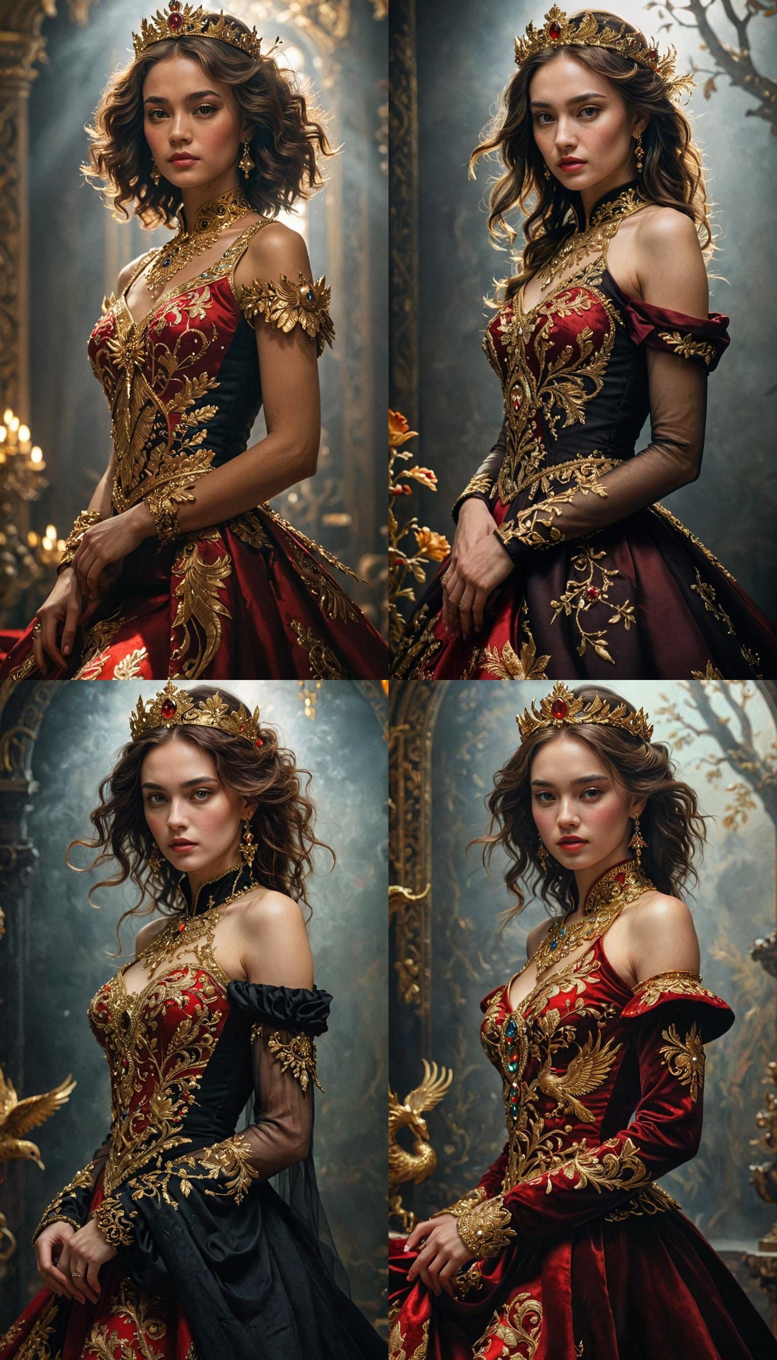 Queen in Red Dress with Phoenix Embroidery