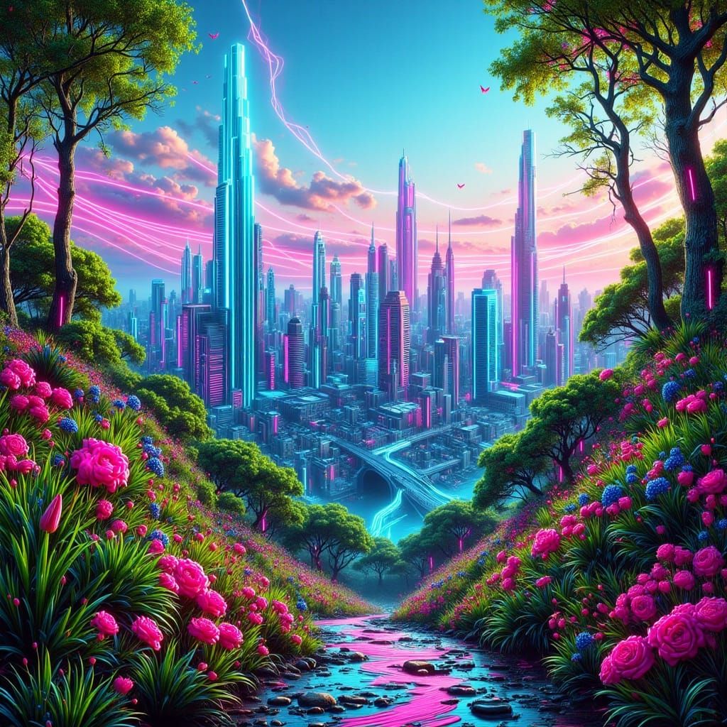 Cyberpunk Asparagus Cityscape at Sunset