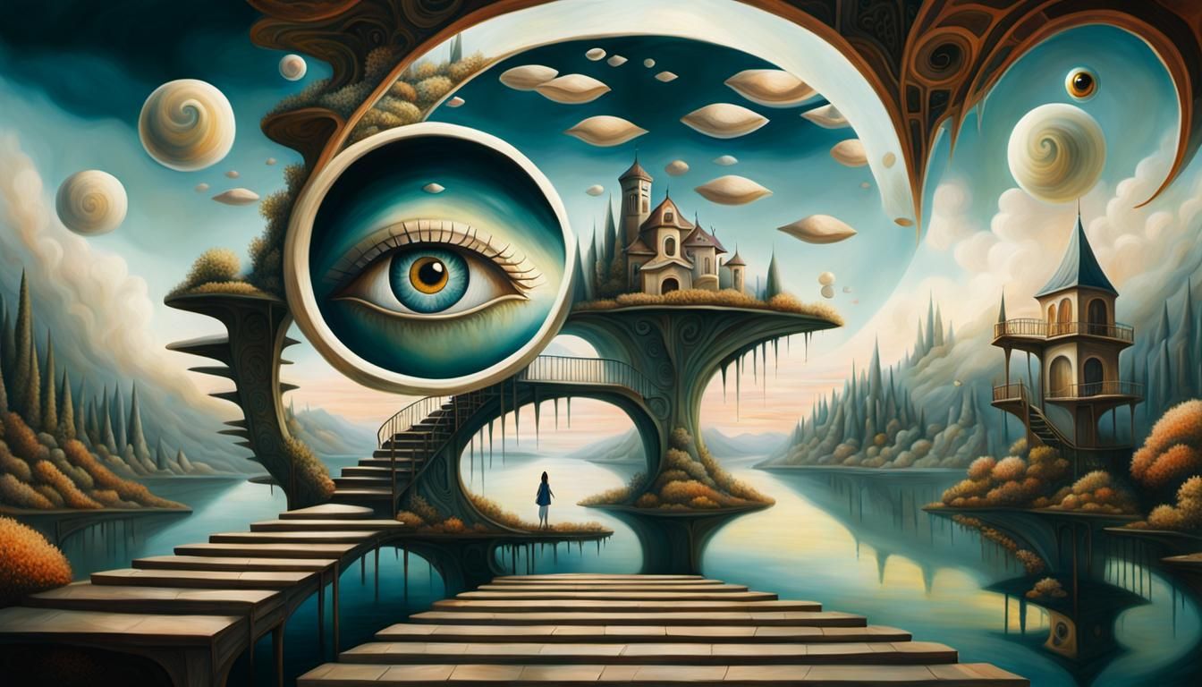 Surreal Eye Over Lake: Dreamlike Oil Painting