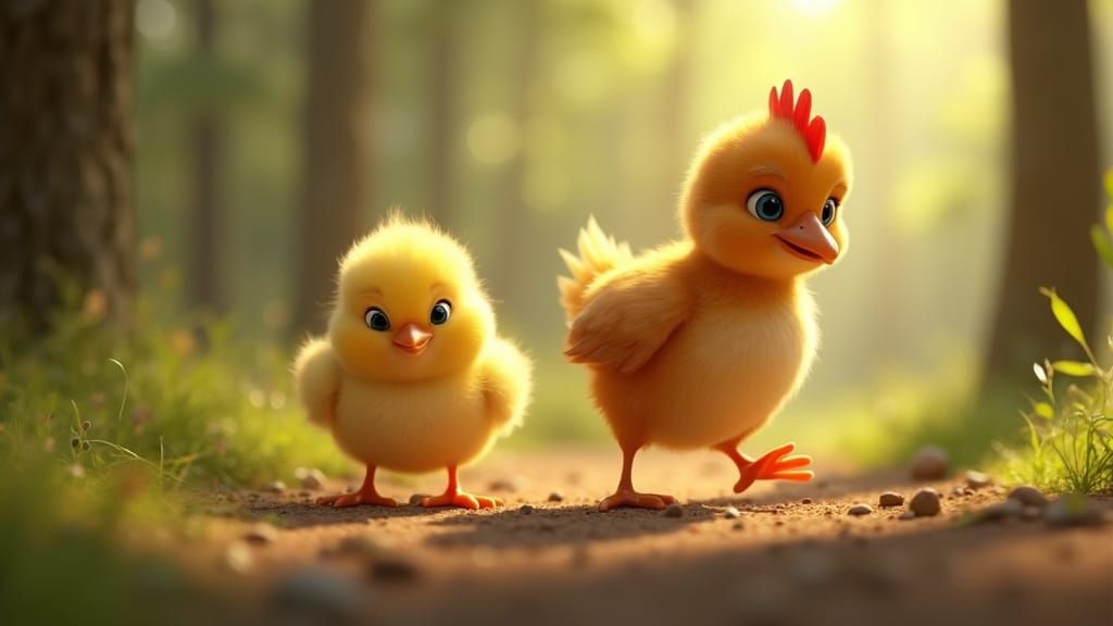 Chick and Hen in Forest Clearing: 3D Render