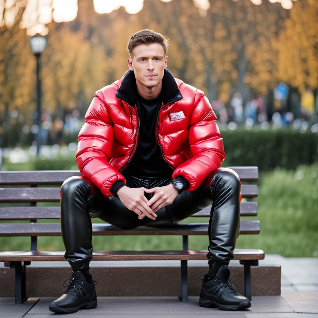 Muscular Man in Leather Trousers on Bench