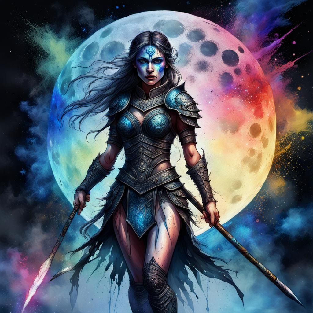 Gothic Impressionist Warrior with Spear in Moonlight