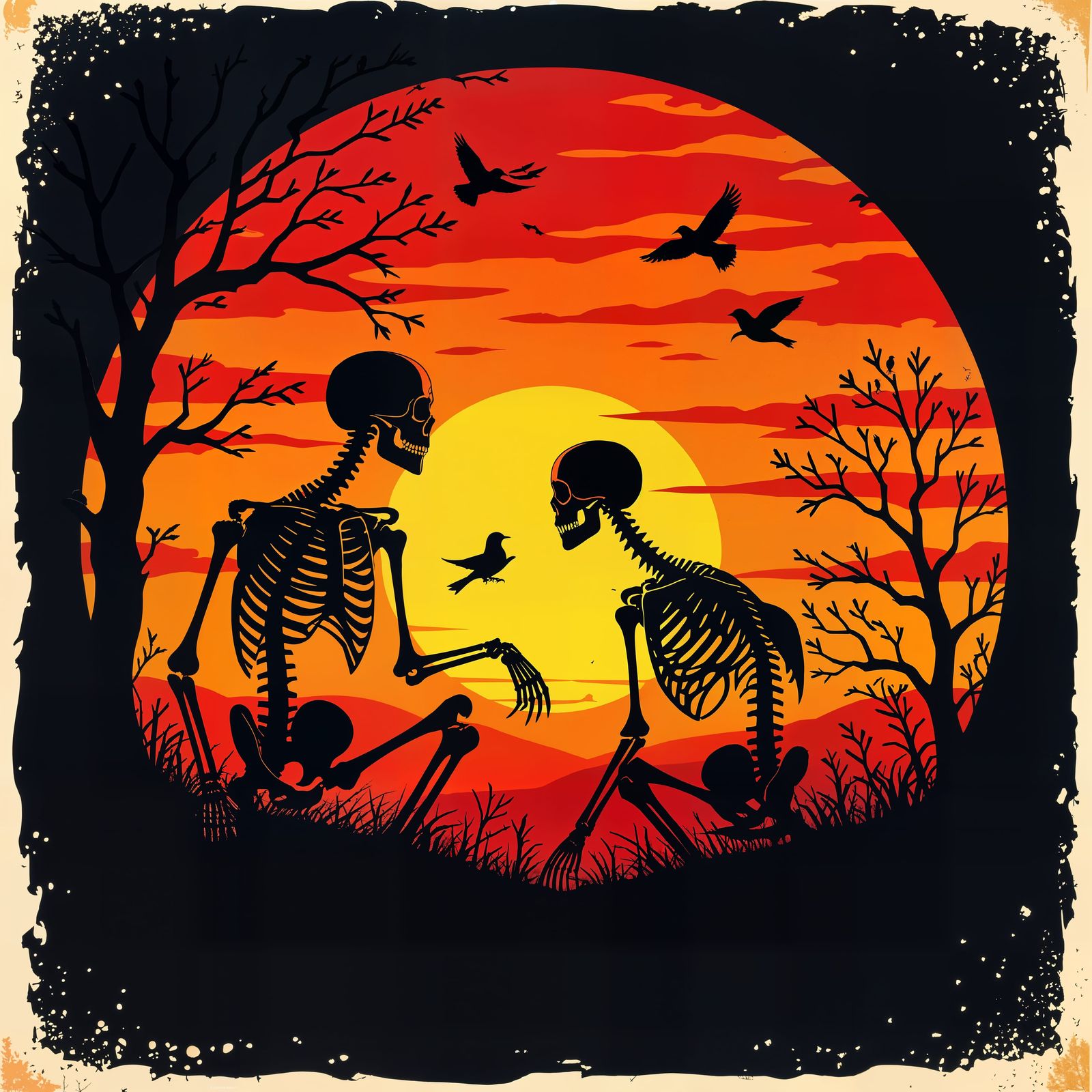 Skeletons at Sunset with Birds and Trees