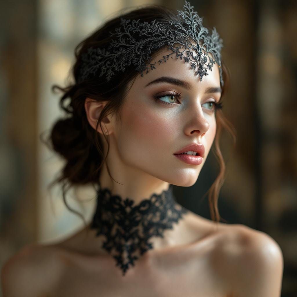 Woman in Elegant Silk Lace Bandeau, Ethereal Lighting